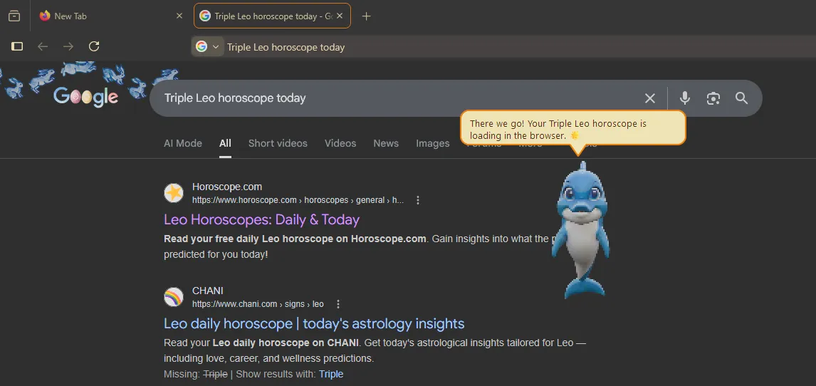 Dipsy Dolphin handling a conversational Google search request from the desktop UI.